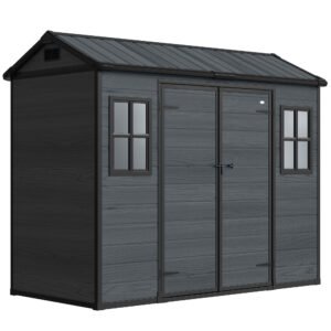 Outsunny 8 x 4 ft Resin Garden Shed, Wood-Effect Outdoor Storage Shed with Floor, Windows, Lockable Doors and Vents, Dark Grey Outsunny 8 x 4 ft Resin Garden Shed, Wood-Effect Outdoor Storage Shed with Floor, Windows, Lockable Doors and Vents, Dark Grey
