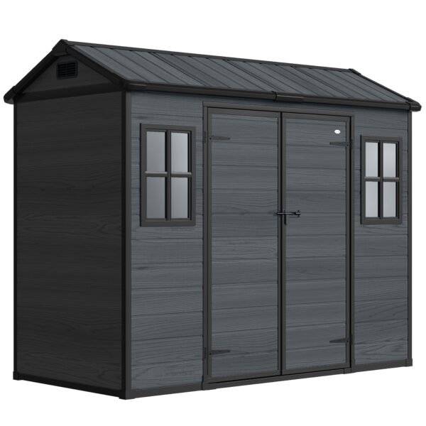 Outsunny 8 x 4 ft Resin Garden Shed, Wood-Effect Outdoor Storage Shed with Floor, Windows, Lockable Doors and Vents, Dark Grey Outsunny 8 x 4 ft Resin Garden Shed, Wood-Effect Outdoor Storage Shed with Floor, Windows, Lockable Doors and Vents, Dark Grey