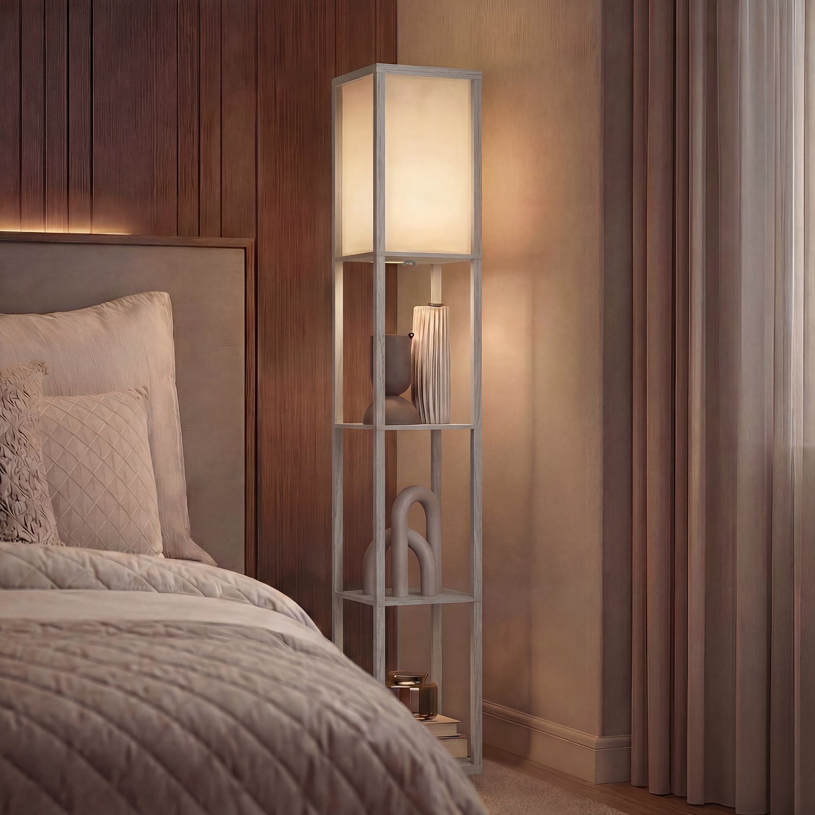 HOMCOM 3-Tier Floor Lamp with Shelves and Storage, Modern Corner Standing Lamp with Lampshade, Reading Light with Foot Switch for Living Room, Bedroom, Home Office, Bulb not Included, Oak - Image 9