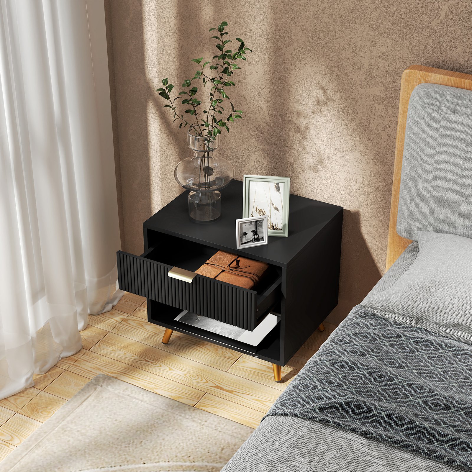 HOMCOM Elegant Bedside Table, with Drawer and Shelf - Black/Gold Tone - Image 9