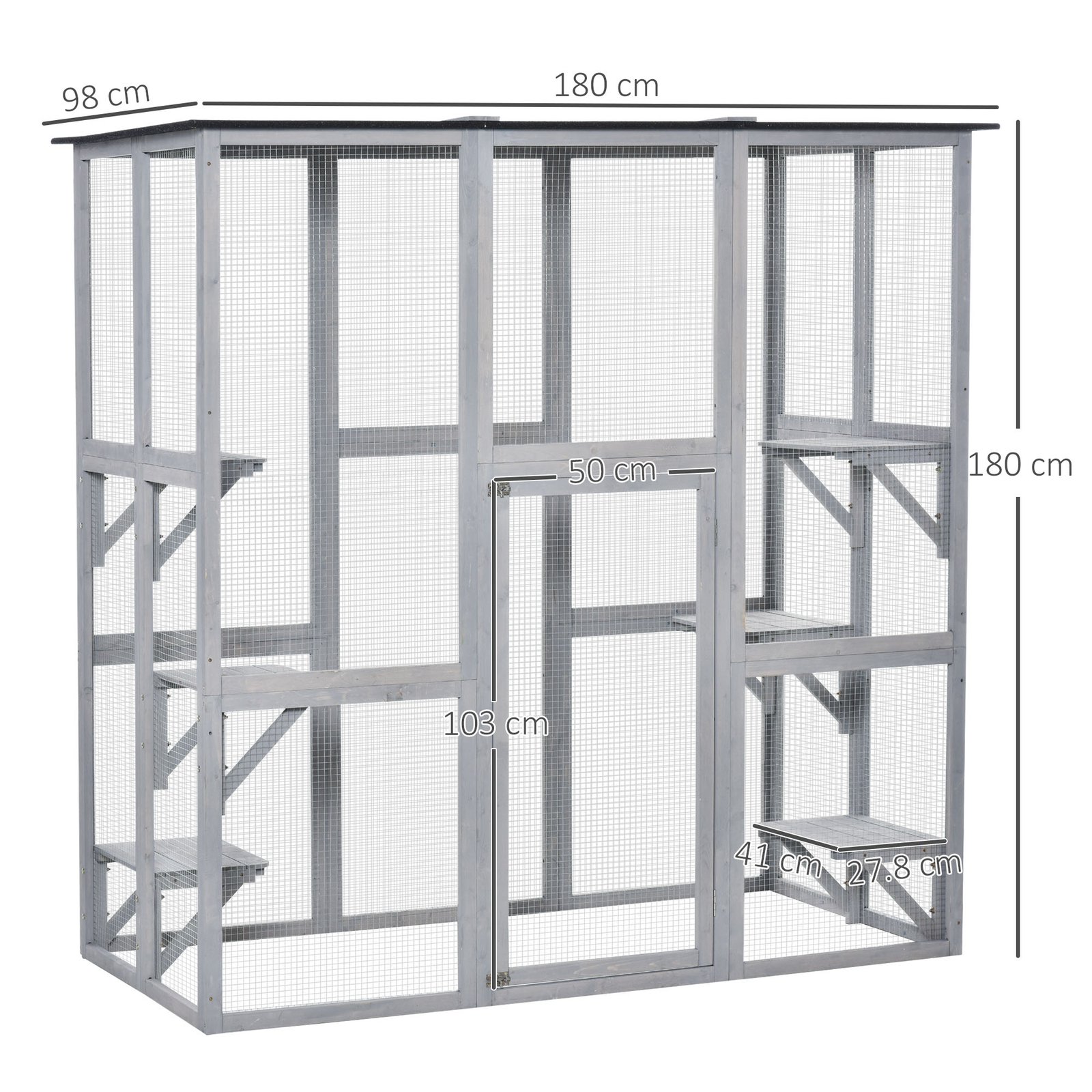 PawHut Wooden Catio Cat Outdoor Enclosure, Cat Cage with Waterproof Roof, Platforms, for Multiple Kittens, 180 x 98 x 180 cm - Image 3