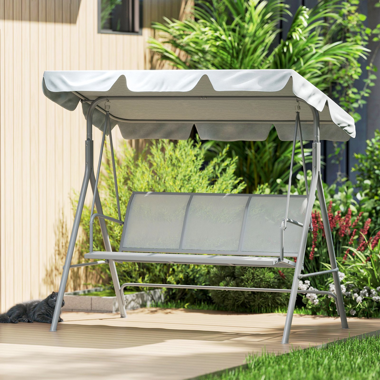 Outsunny Metal Garden Swing Chair, 3-Seater Swing Seat, Patio Hammock Bench Canopy Lounger, Light Grey - Image 8