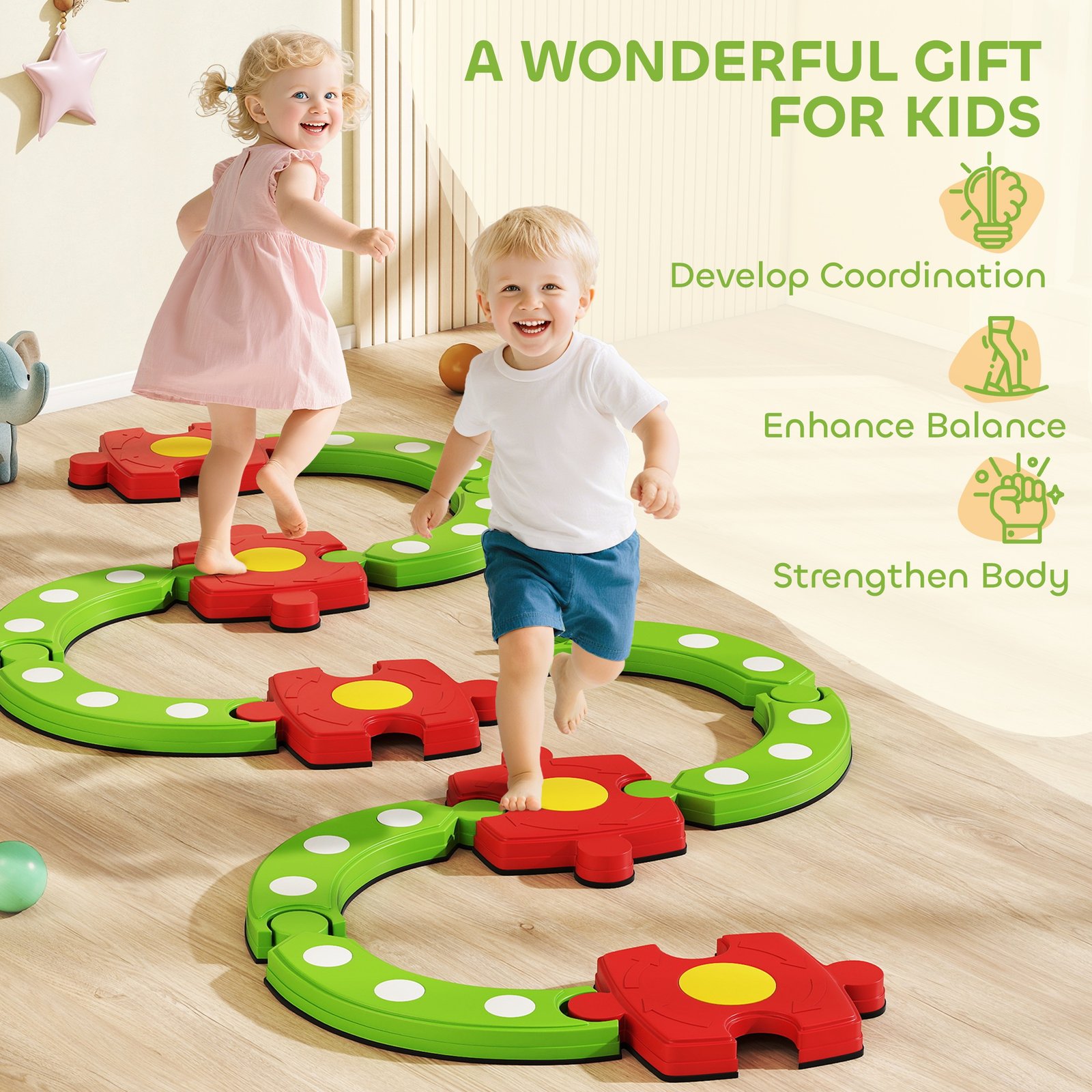 AIYAPLAY 13 PCS Kids Balance Beam Stepping Stones Set with Non-slip Textured Surface, Outdoor Indoor for Toddlers, Green - Image 7