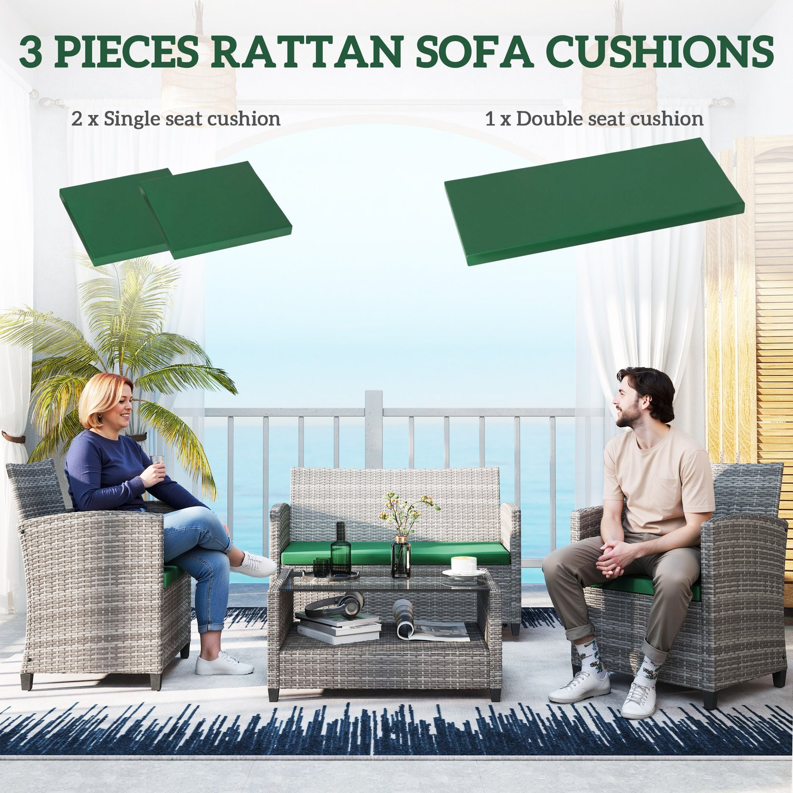 Outsunny Outdoor Seat Cushion Pads for Rattan Furniture, 3 PCs Garden Furniture Cushions, Green - Image 4
