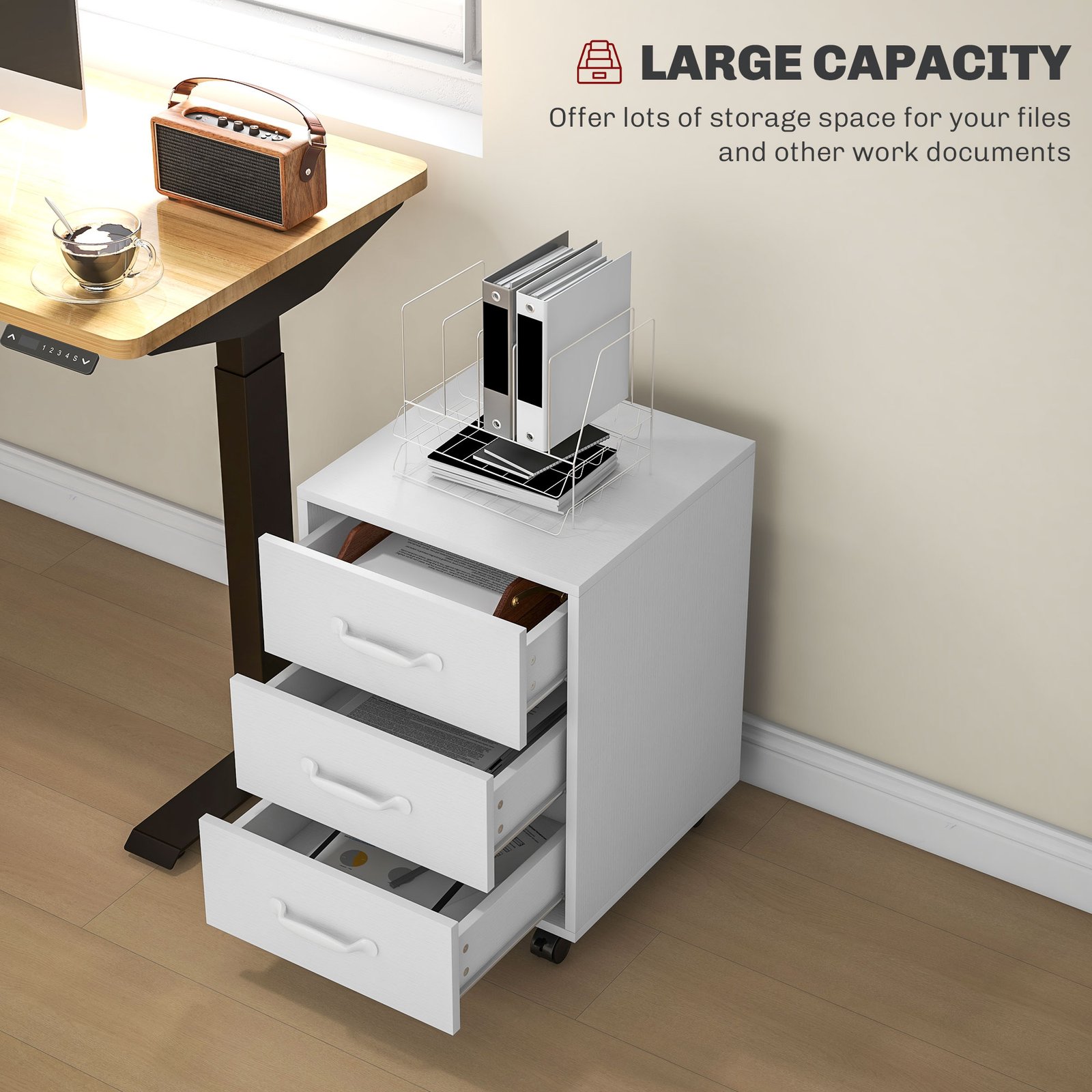 HOMCOM 3 Drawer File Cabinet, Mobile Filing Cabinet on Wheels for Home Office, Study, White - Image 4