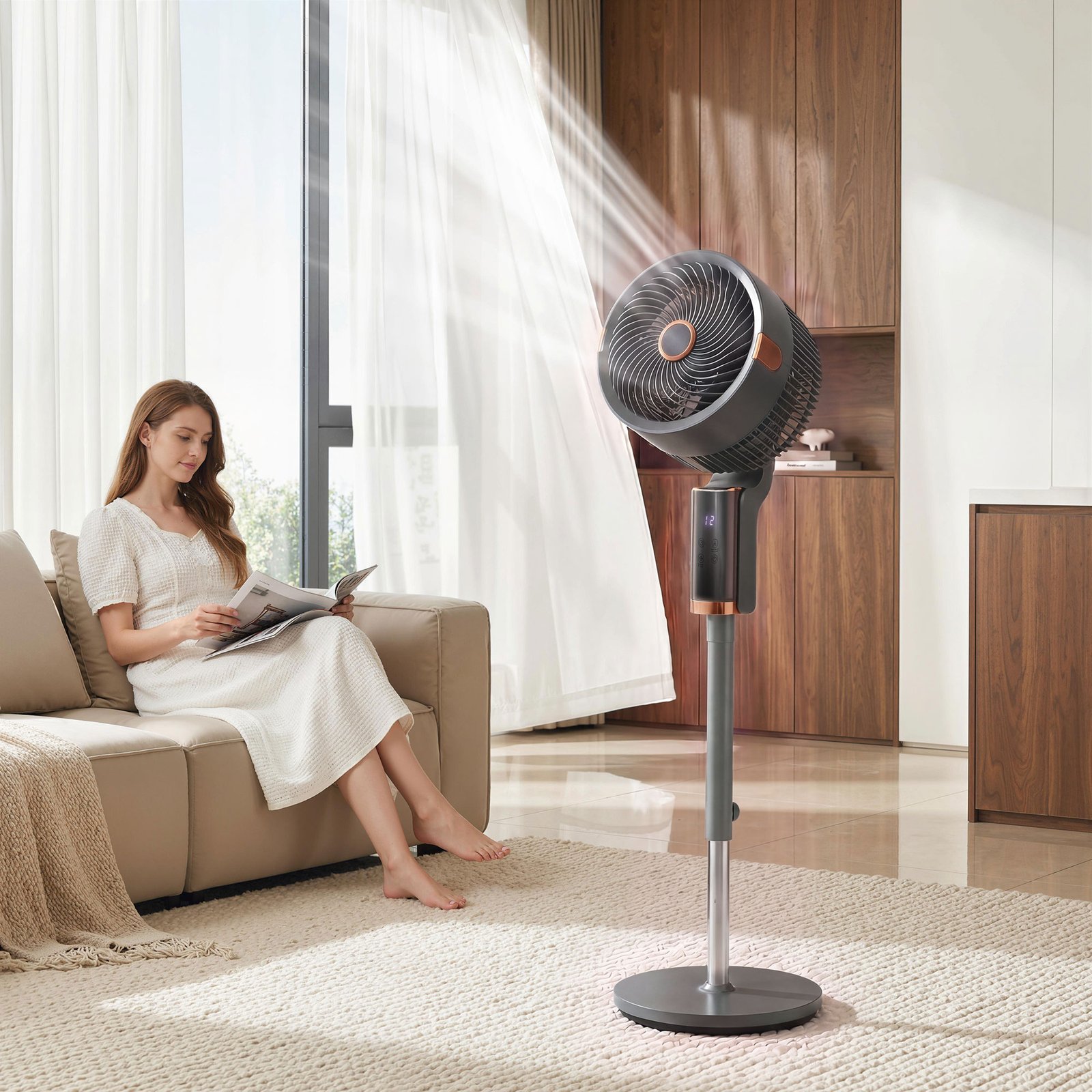 HOMCOM 20 dB Silent Standing Fan for Bedroom, 44" Pedestal Fan with 90° Oscillating, 8 Speeds and LED Light, Grey - Image 2