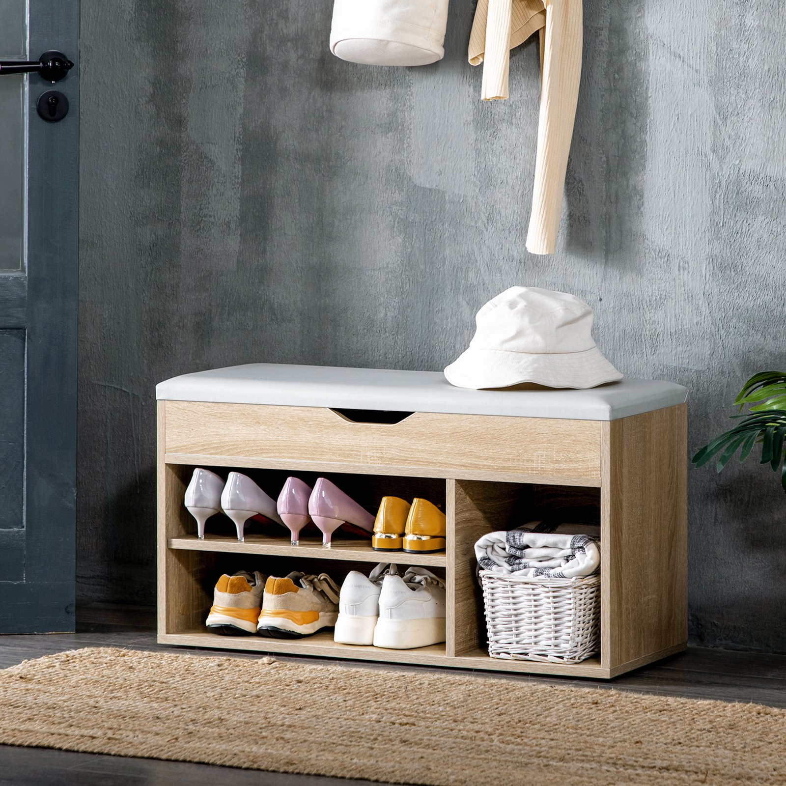 HOMCOM Shoes Cabinet Bench Hidden Storage Padded Seat Organiser Footwear Rack Hallway Oak Tone - Image 2