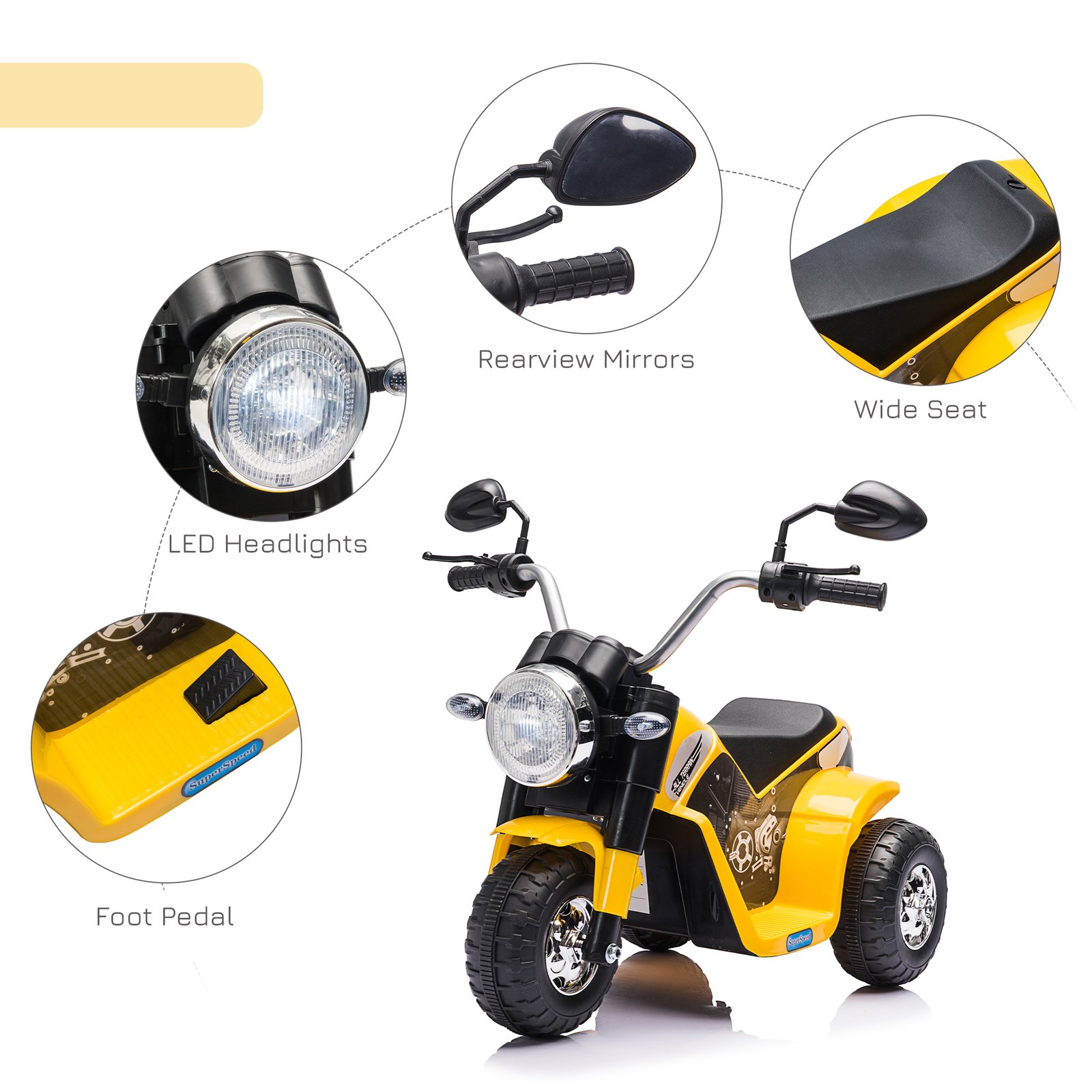 HOMCOM 6V Kids Electric Motorbike 3 Wheels Ride On Toy with Horn Headlights Realistic Sounds for Girl Boy 18 - 36 Months Yellow - Image 5