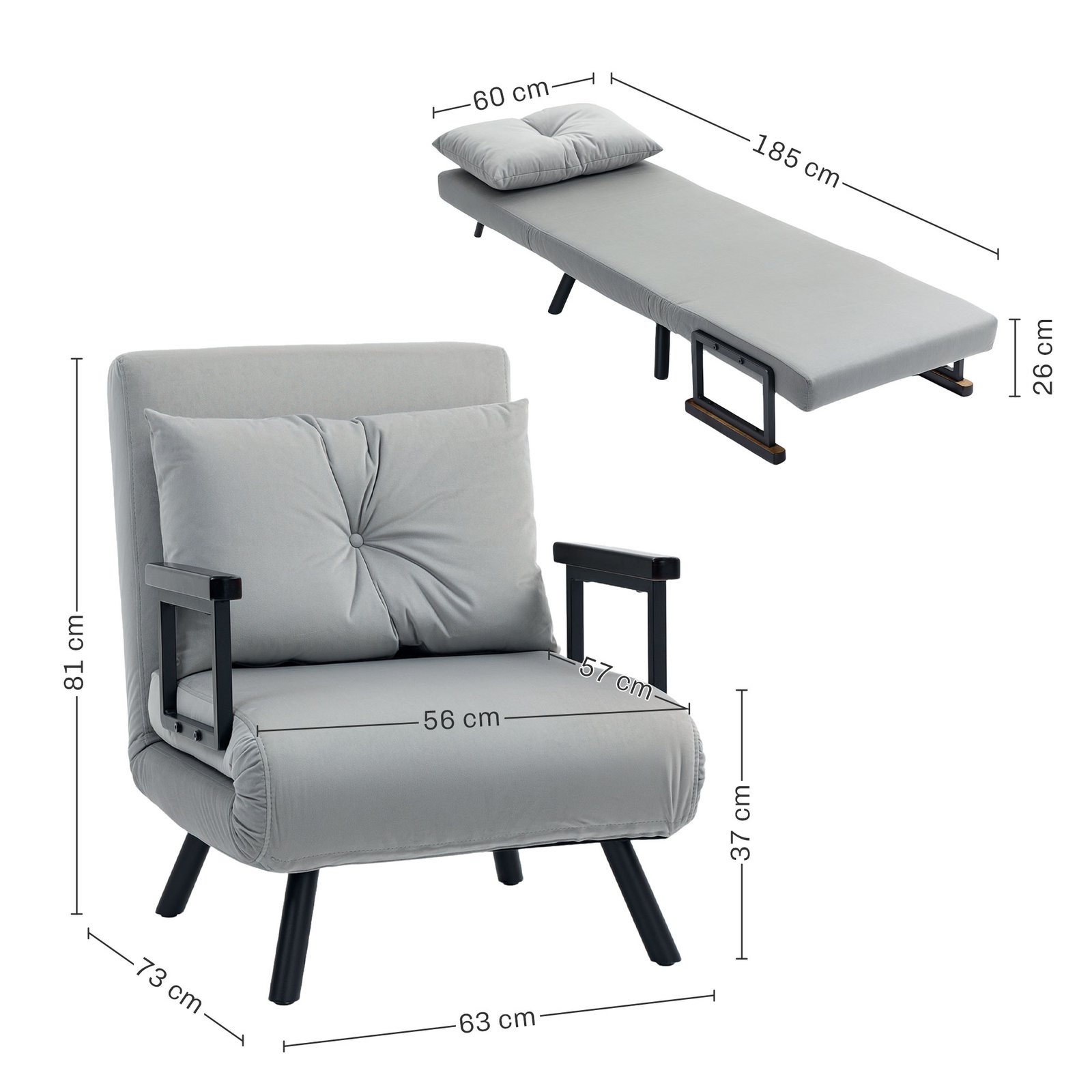 HOMCOM 4-in-1 Velvet-Feel Single Chair Bed, with Pillow - Light Grey - Image 3