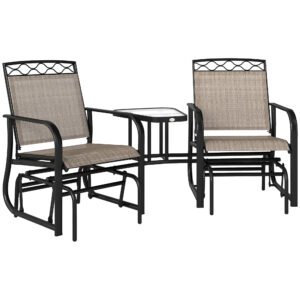 Outsunny Double Outdoor Glider Chair, 2 Seater Patio Rocking Chairs, Swing Bench with Tempered Glass Table, Breathable Mesh Fabric for Backyard, Garden, Porch, Brown