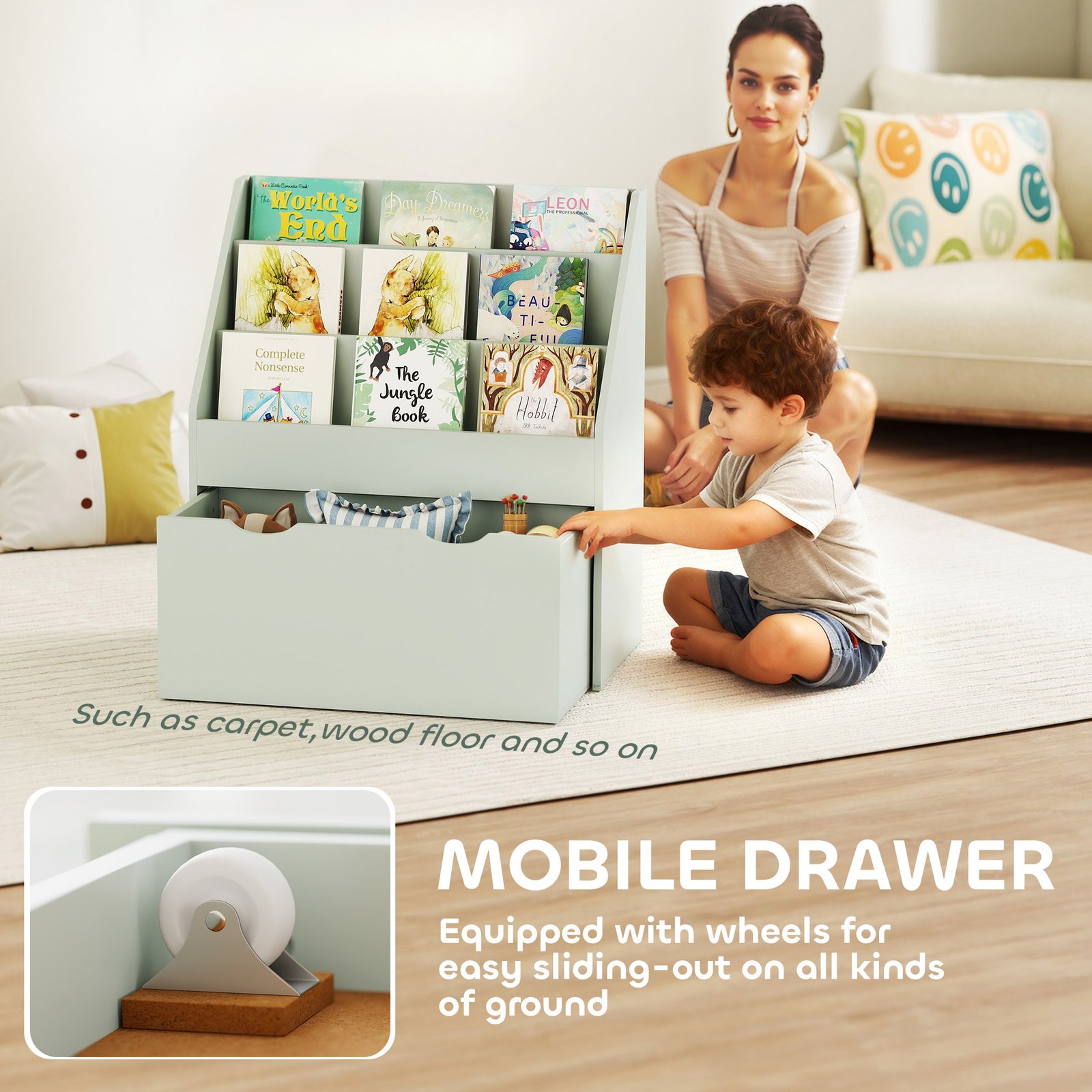 AIYAPLAY Bookcase for Kids with Shelves, Drawer, Bookcase for Bedroom, Playroom, Green - Image 6