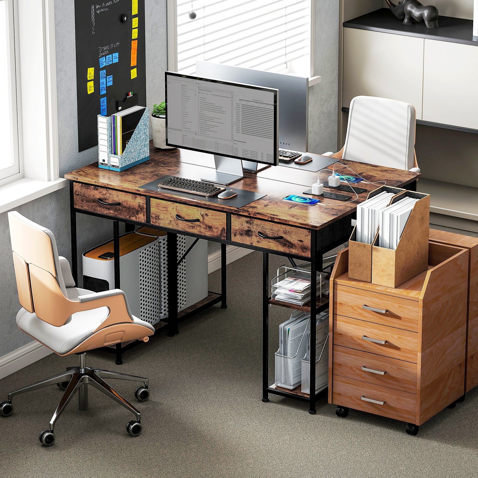 HOMCOM 120cm Computer Desk with Power Outlets, Office Desk Study Table with Fabric Drawers and Storage Shelves, Rustic Brown - Image 8