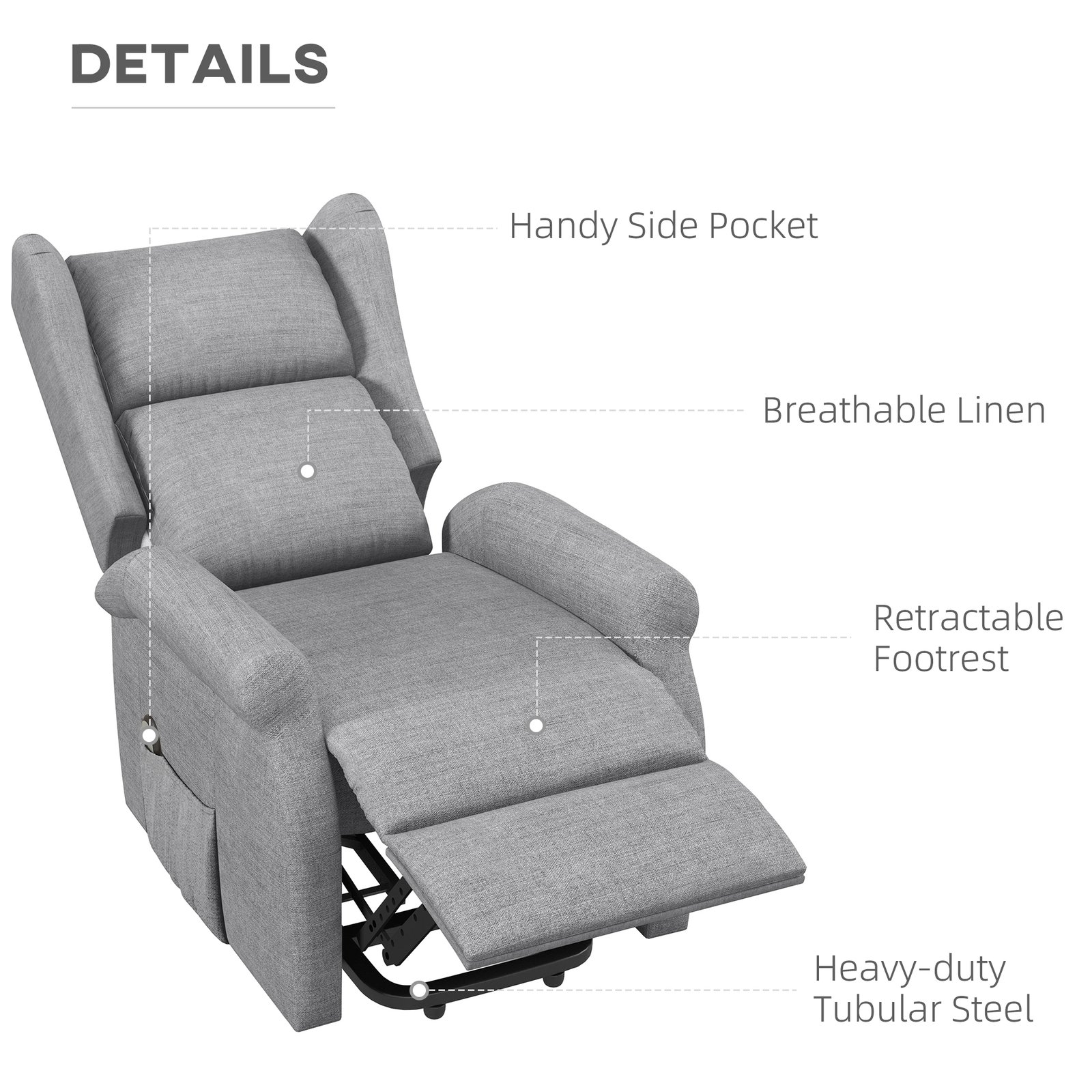 HOMCOM Power Lift Recliner Armchair, Electric Lift Chair for Elderly, Fabric Riser and Reclining Chair with Remote Control, Side Pockets, Extended Footrest, for Living Room, Grey - Image 4
