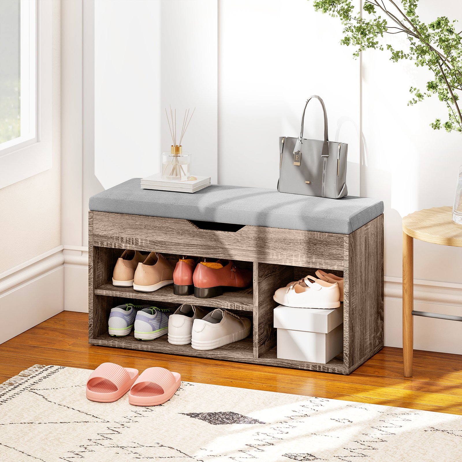 HOMCOM Shoes Cabinet Bench Hidden Storage Padded Seat Organiser Footwear Rack Hallway Grey Wood Grain - Image 2