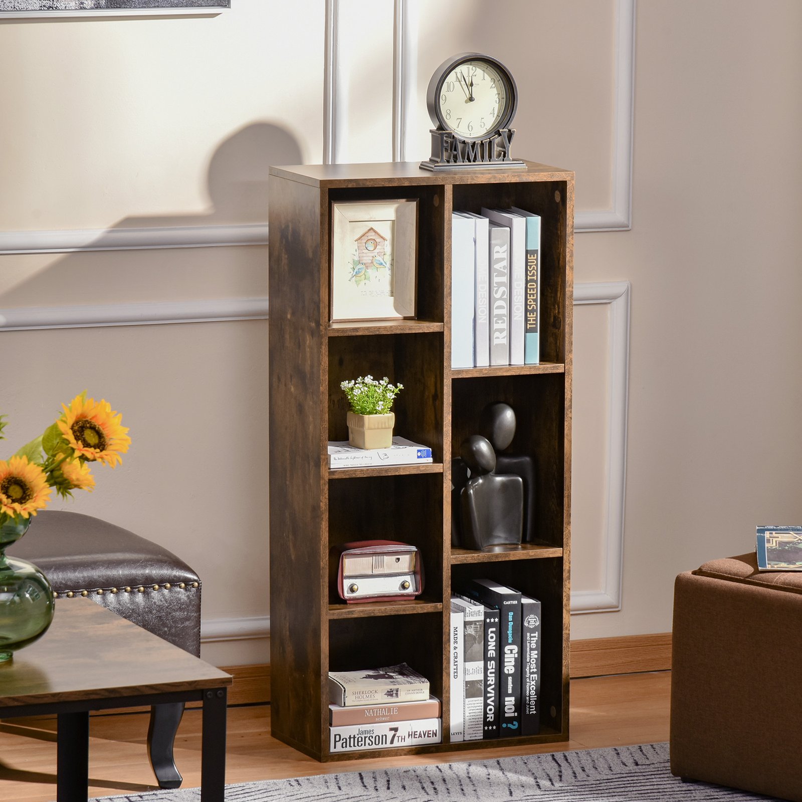 HOMCOM Seven-Cube Bookcase - Rustic Brown Wood Effect - Image 2
