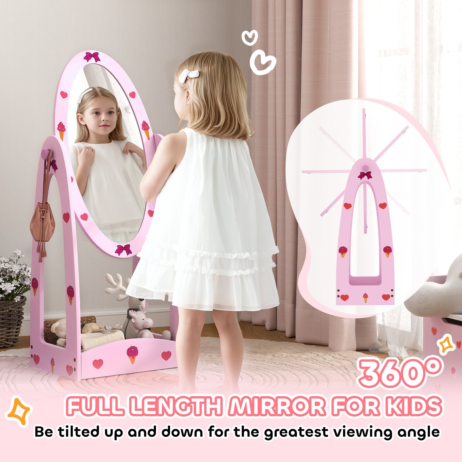 AIYAPLAY Kids Clothes Rail, Kids Dressing Mirror with 360° Rotating, 2 Piece Kids Furniture Set with Storage Shelves, Pink - Image 6