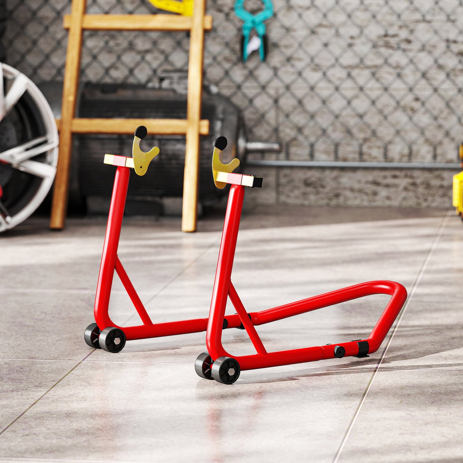 HOMCOM Motorcycle Rear Wheel Stand, 544 kg Capacity Heavy Duty Steel Motorbike Motorcycle Paddock Stand Lift with Adjustable U + L Forks, Wheels, Non-Slip Pads for Workshop Garage Repair, Red - Image 9