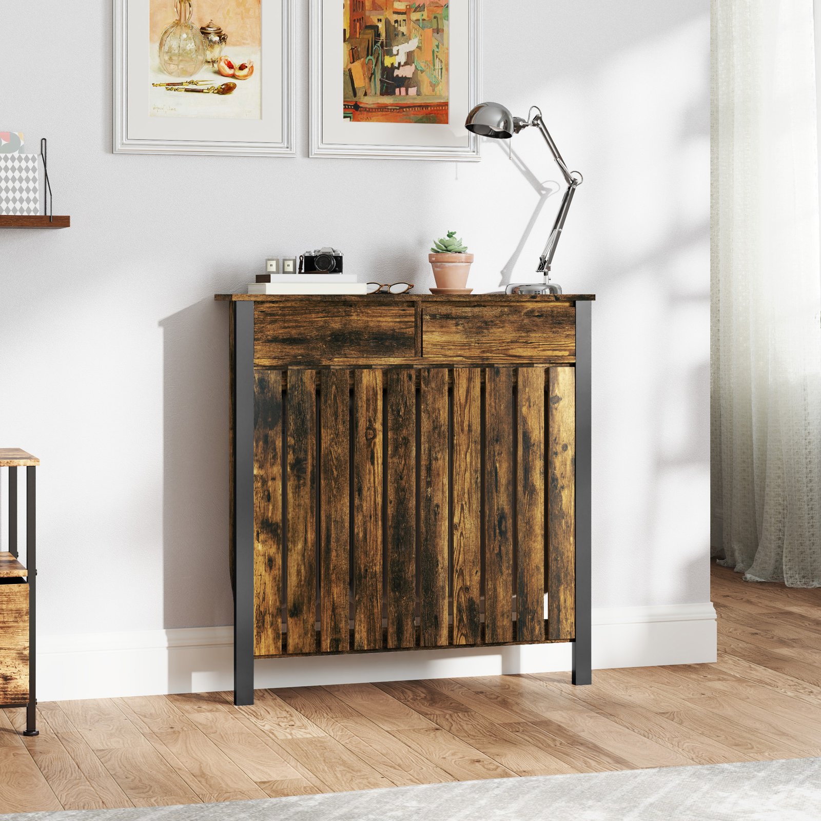 HOMCOM 93 x 88.5cm Rustic-Look Radiator Cover - Brown/Black - Image 2