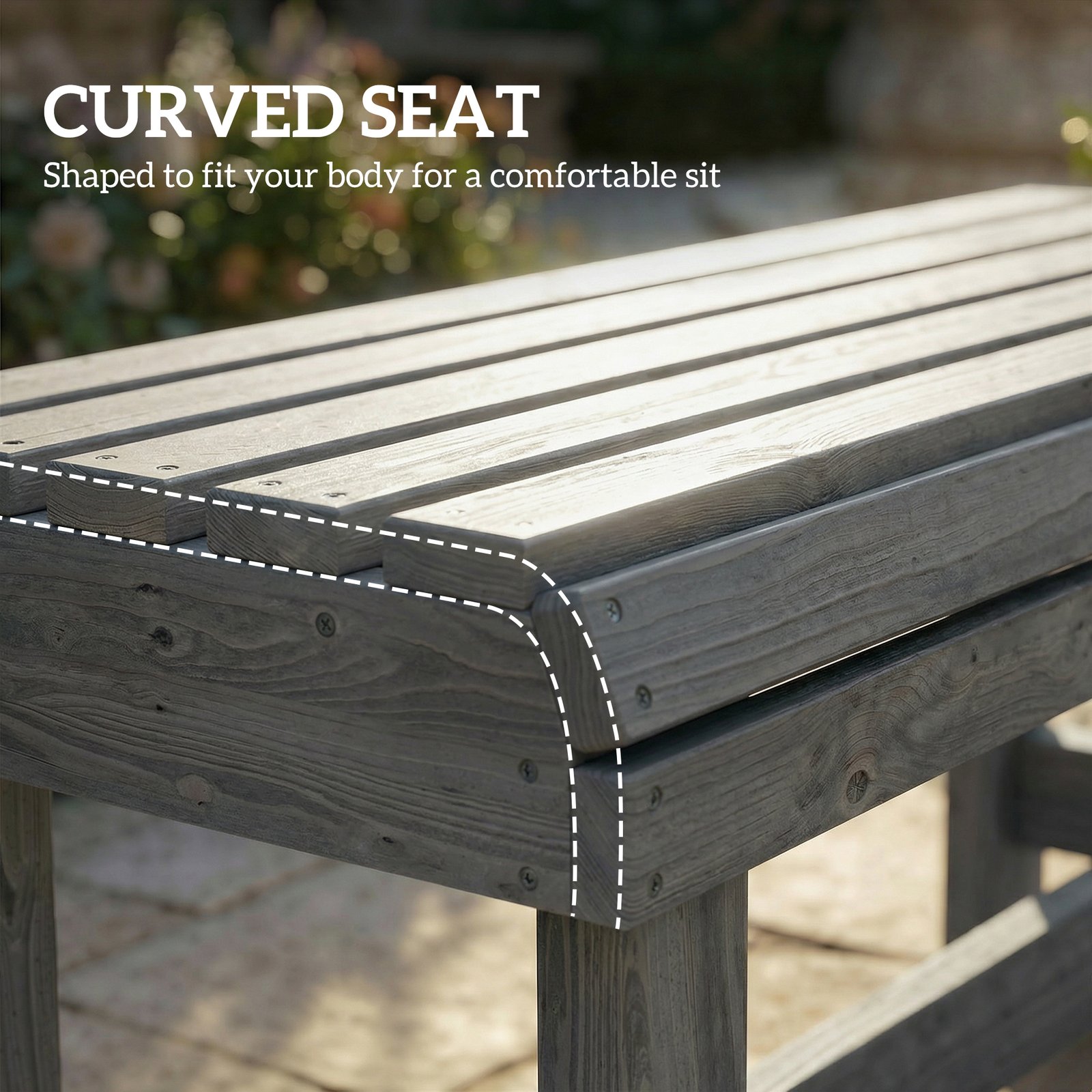 Outsunny Wooden Outdoor Bench, 2 Seater Garden Bench, Backless Patio Bench with Slatted Curved Seat, Grey Embossed Finish - Image 5