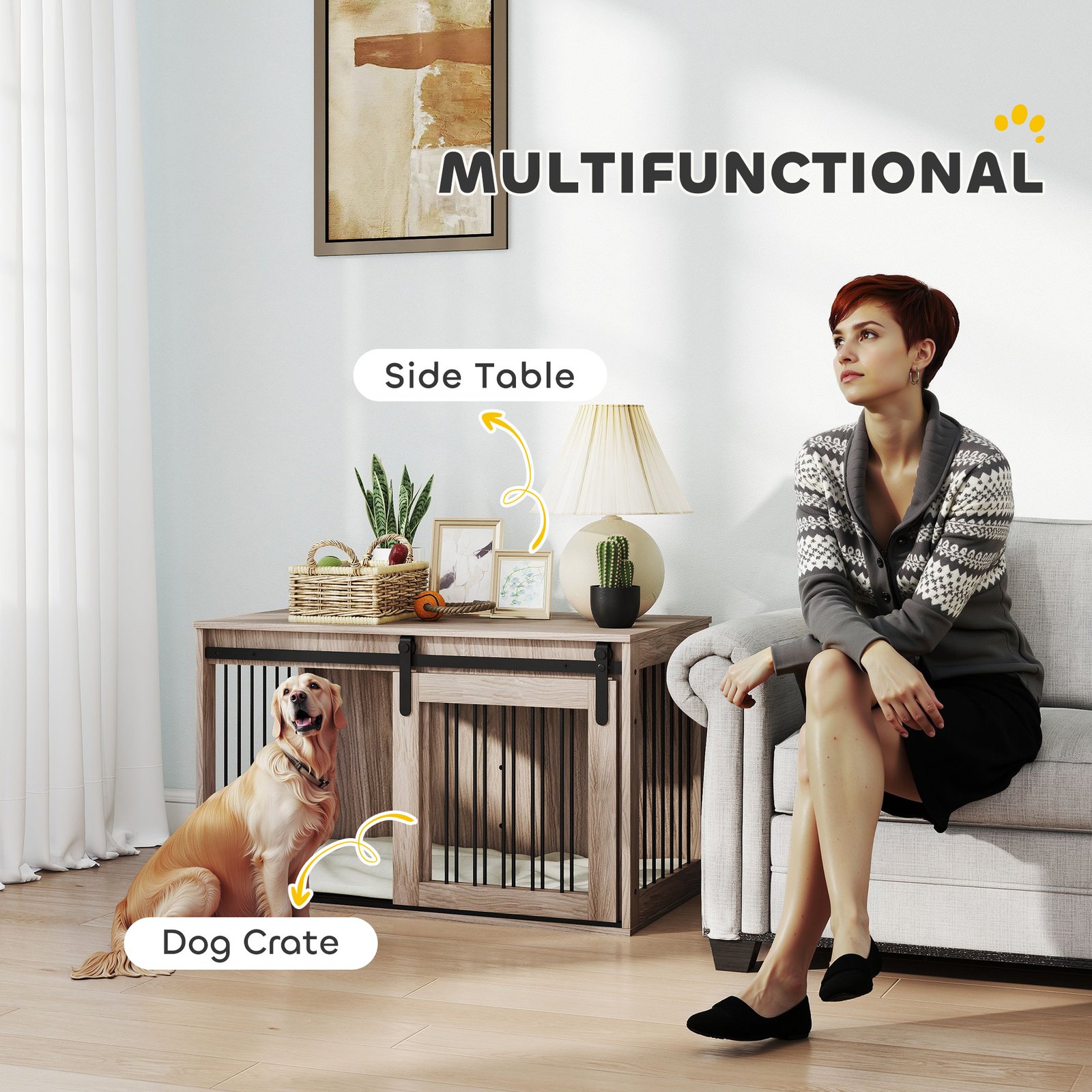 PawHut 98cm Dog Crate Furniture with Removable Cushion for Large Dogs - Brown - Image 5