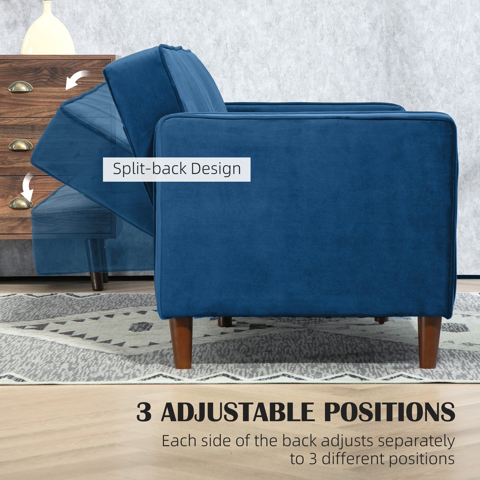 HOMCOM Velvet-Feel Three-Seater Sofa Bed - Blue - Image 5