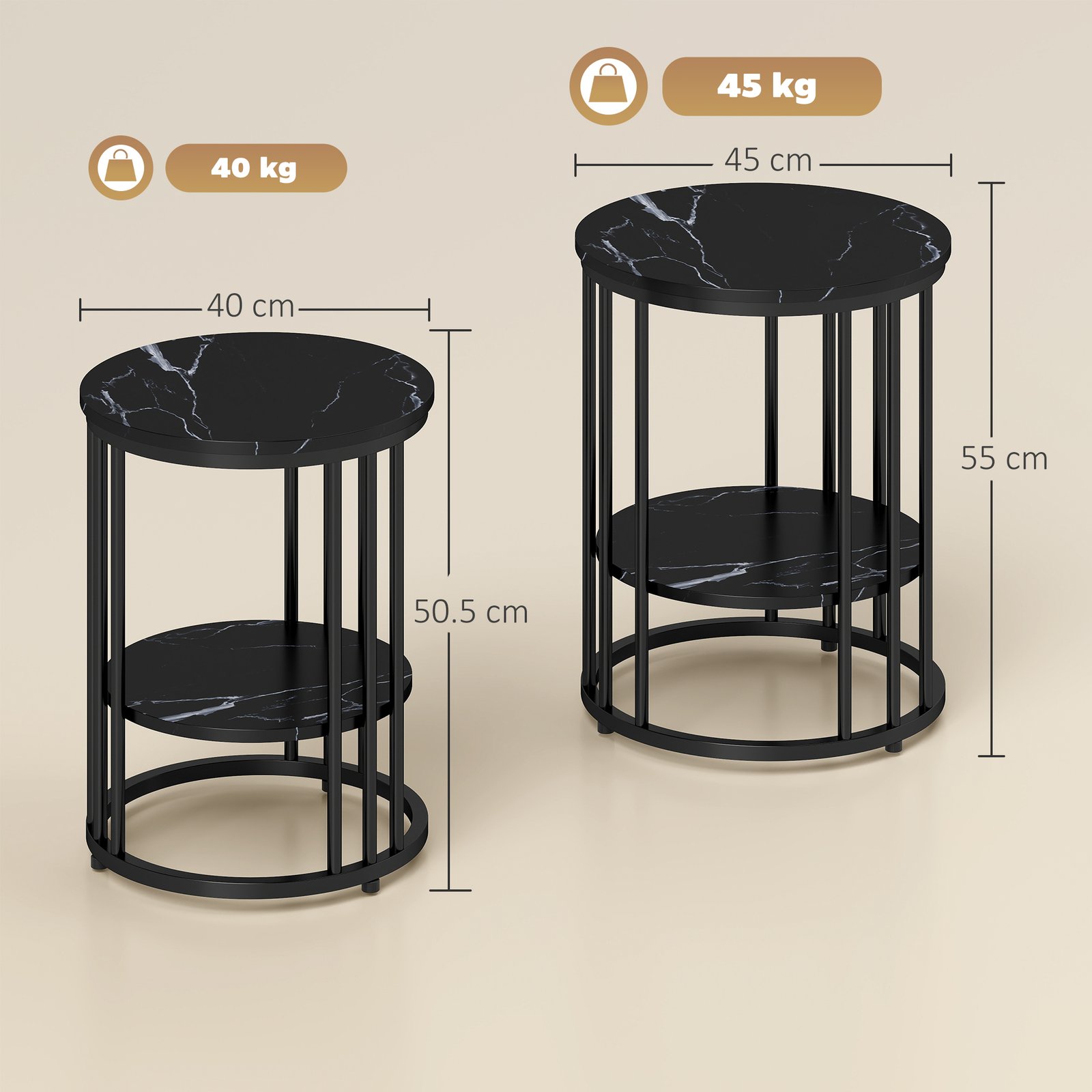 HOMCOM Set of Two Marble-Effect Coffee Tables - Black - Image 3