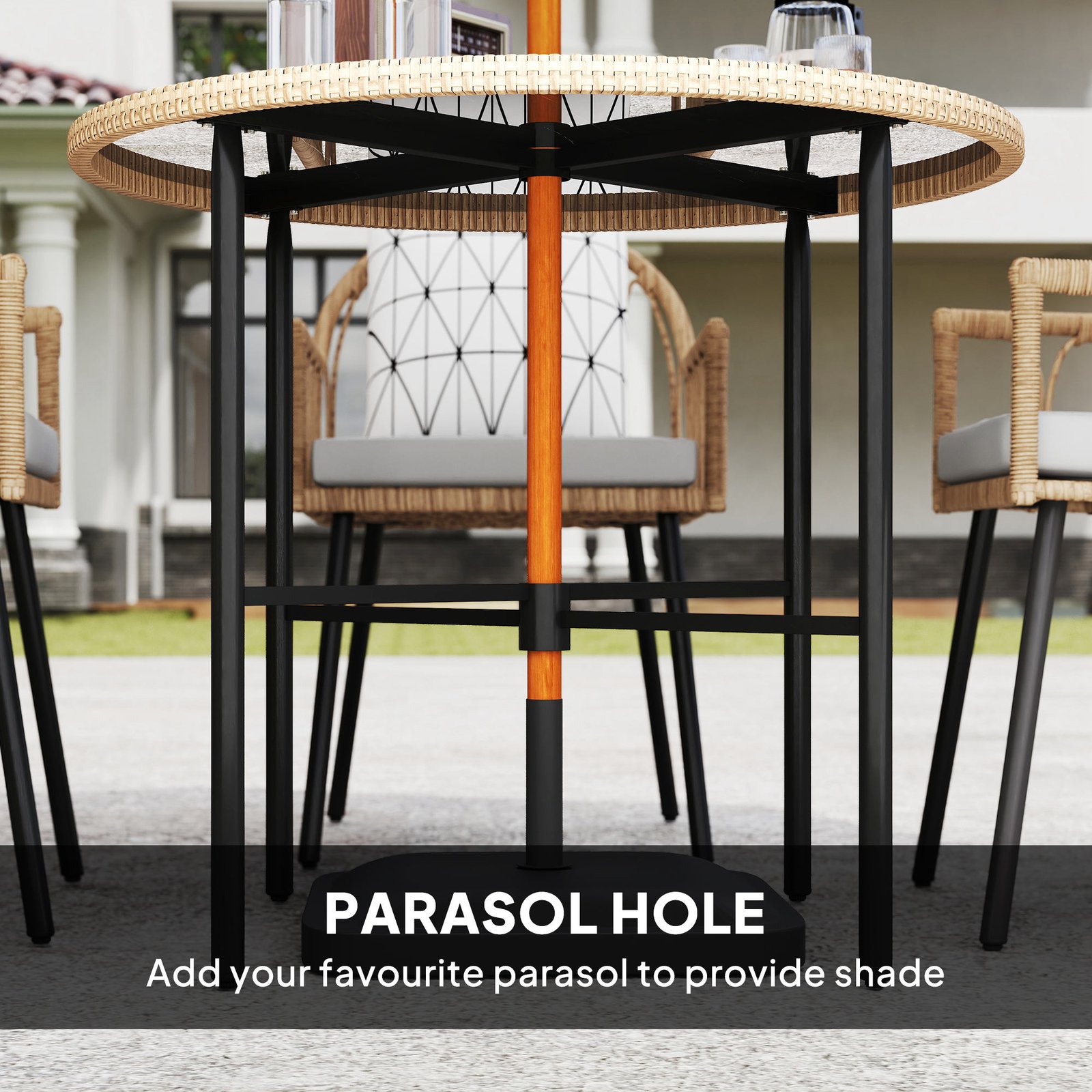 Outsunny 5 Piece Patio Rattan Dining Set, Wicker Garden Table and Chairs w/ Removable Seat & Back Cushions, Round Tempered Glass Tabletop, Parasol Hole, Outdoor Furniture Conservatory Set, Light Brown - Image 7