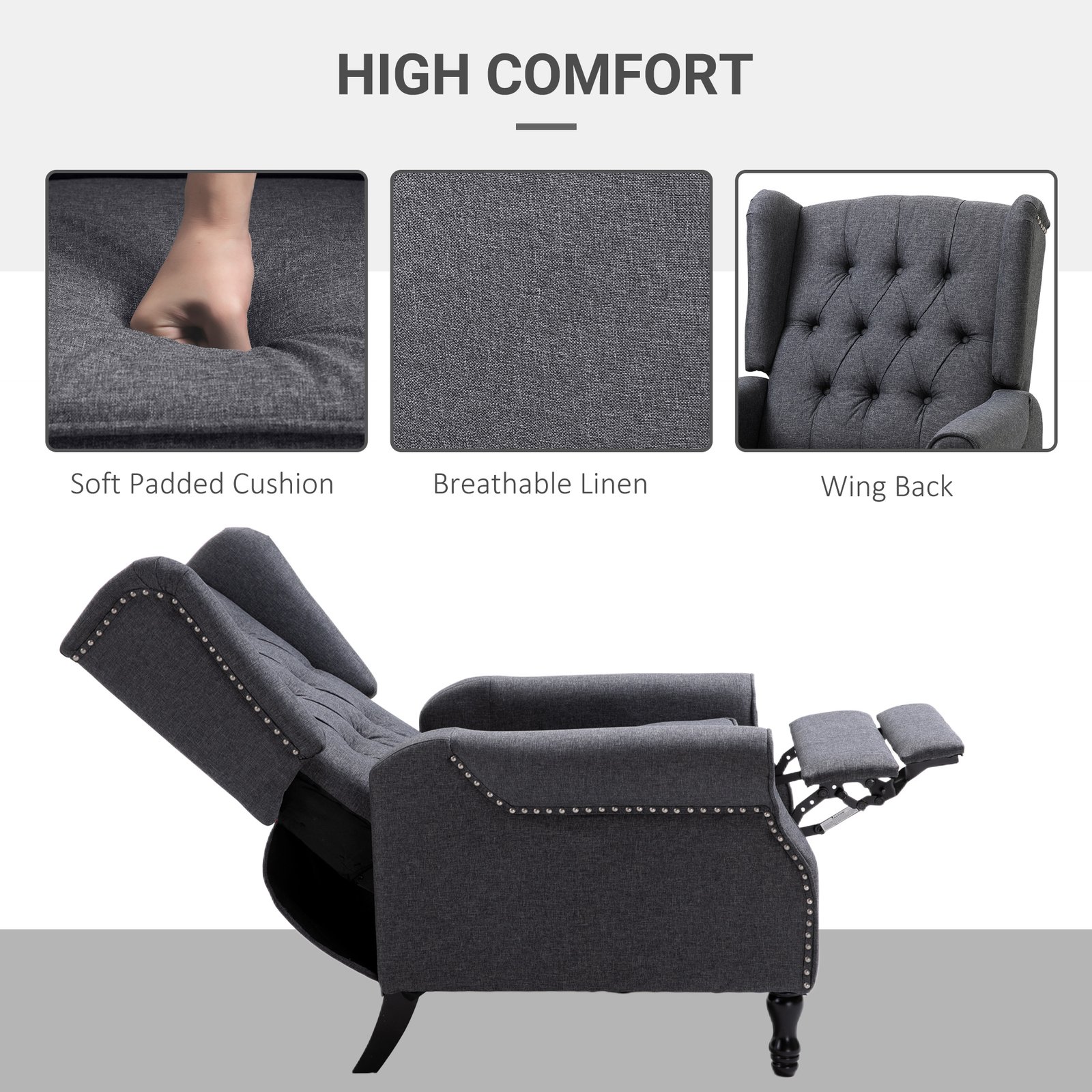 HOMCOM Recliner Armchair, Vintage Reclining Chair with Nail Head Trim, Wingback Chair with Button Tufted Back and Footrest, for Living Room, Dark Grey - Image 5