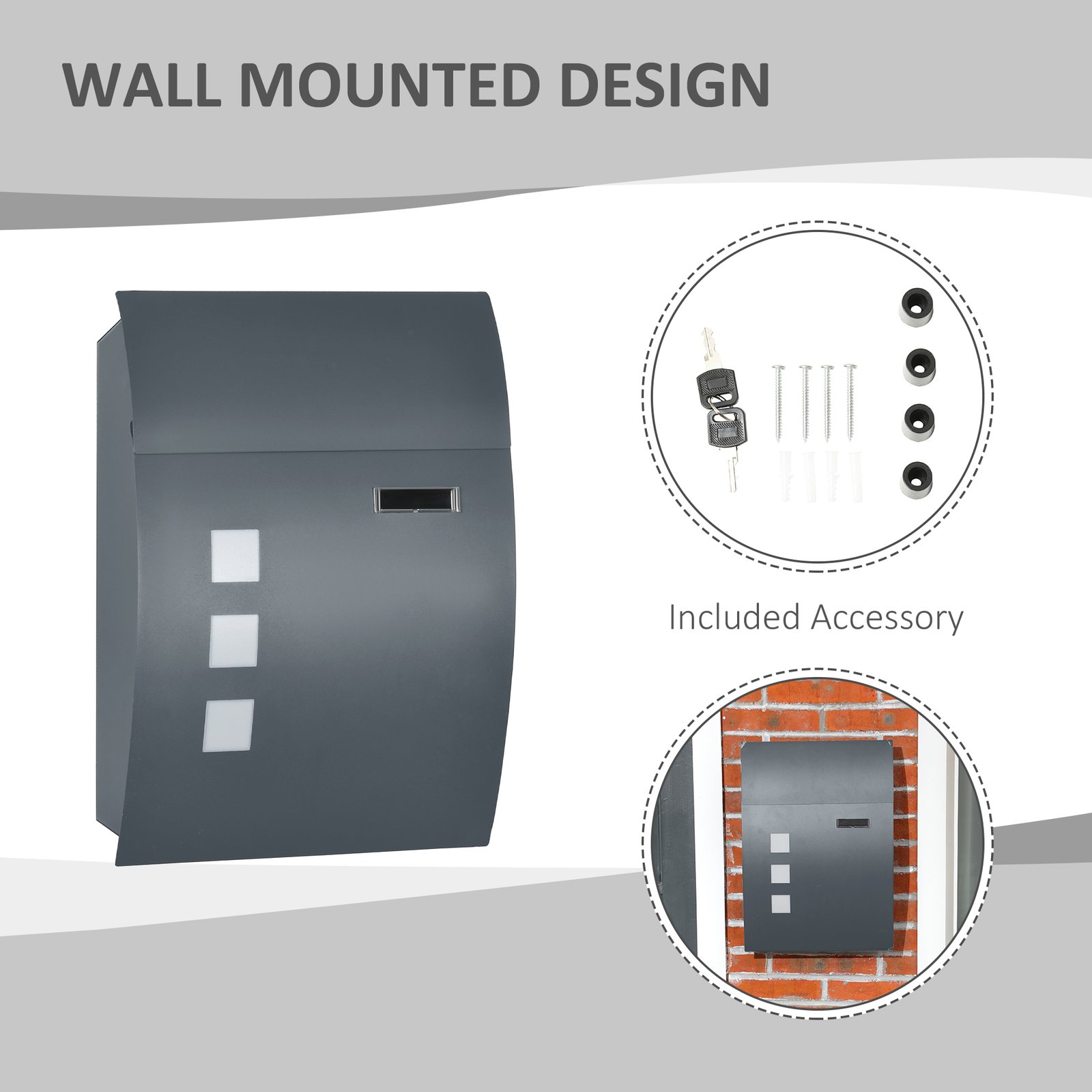 HOMCOM Wall Mounted Letter Box, Weatherproof Post Box for Outside Wall, Modern Mailbox with 2 Keys and Nameplate, Anthracite Grey - Image 6