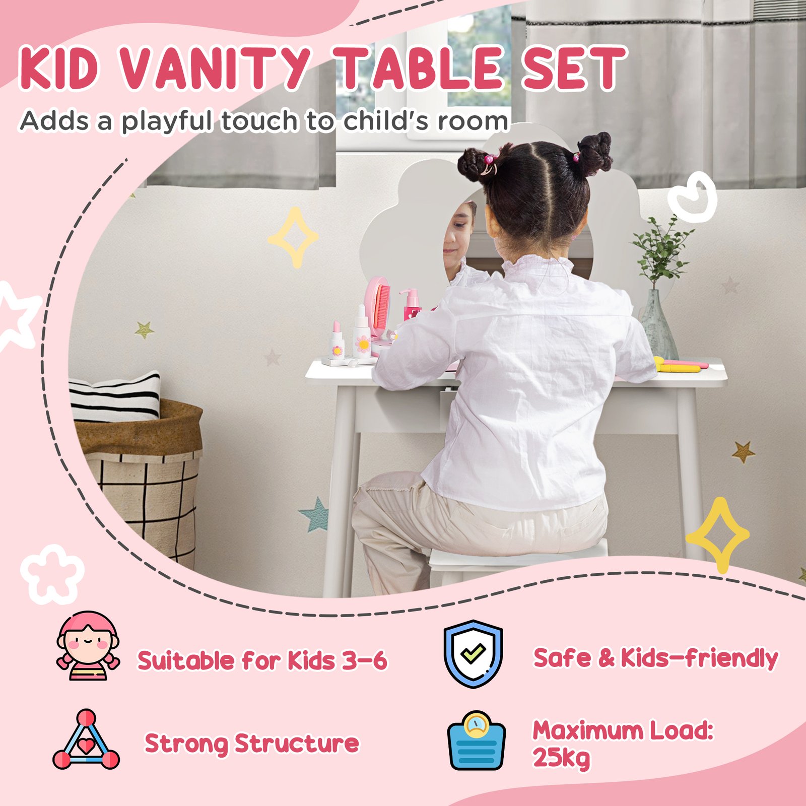AIYAPLAY Kids Dressing Table with Mirror, Stool, Drawer, Cloud Design, White - Image 4
