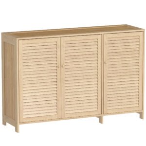 HOMCOM Bamboo Shoe Cabinet with Louvered Doors, 18 Pairs Shoe Storage Cabinet with Adjustable Shelves for Hallway, Natural