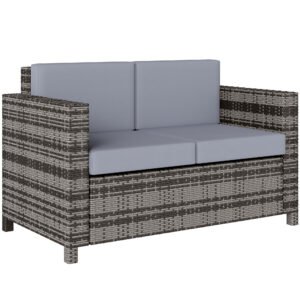 Outsunny Rattan Sofa, 2 Seater Garden Furniture with Soft Padded Cushion and Armrests, Wicker Garden Loveseat for Patio, Mixed Grey