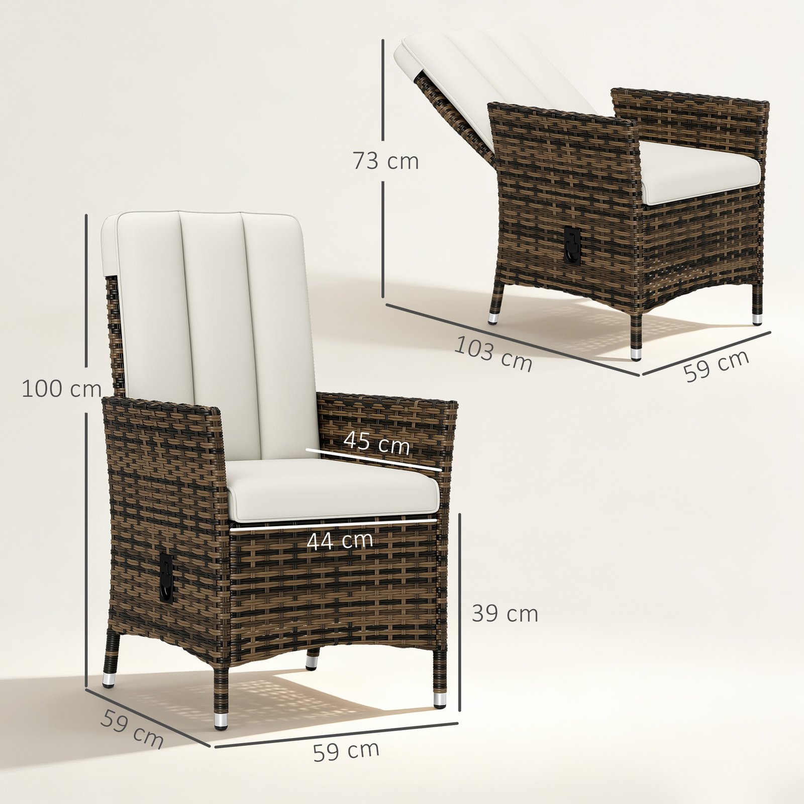 Outsunny 105°-150° Reclining Rattan Chair - Cream - Image 3
