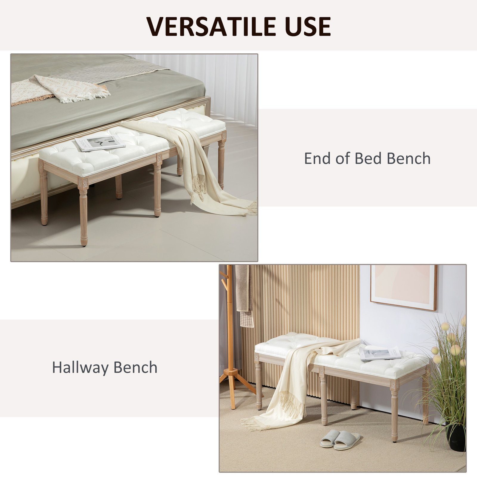 HOMCOM Vintage French Look Bed End Bench - Cream White - Image 6