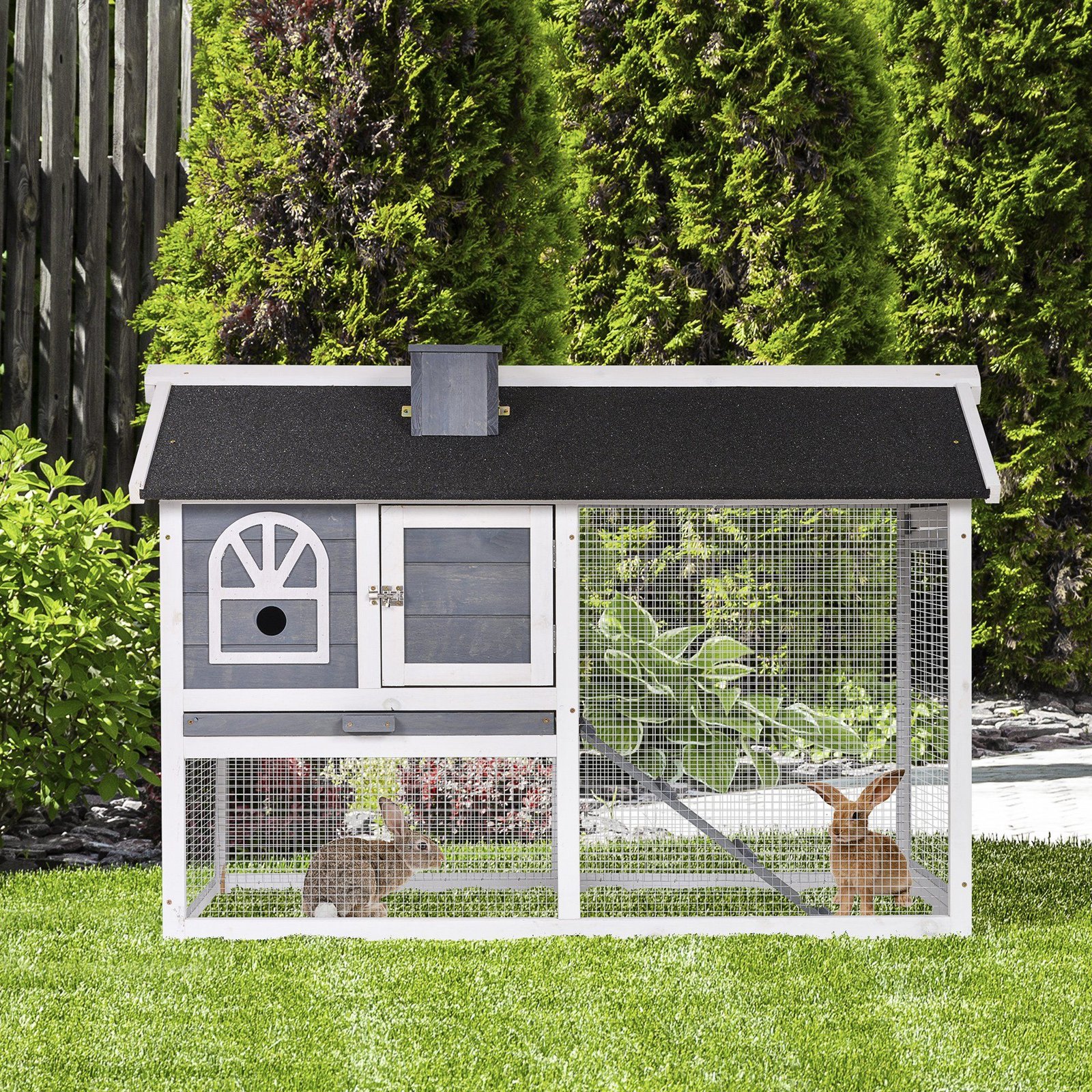 PawHut Guinea Pigs Hutches Wood Bunny Cage for Outdoor Indoor w/ Pull Out Tray Run Box Ramp - Image 9