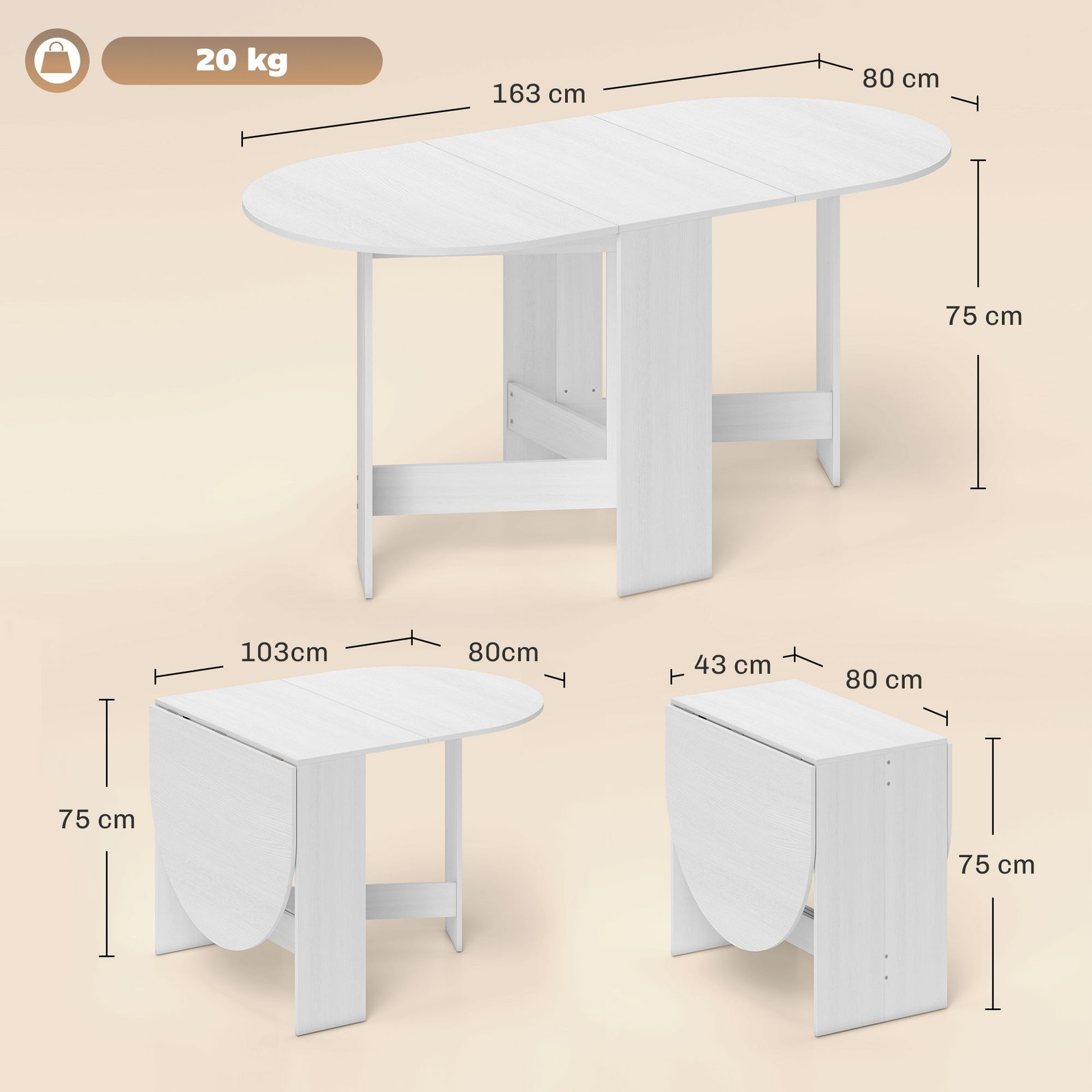 HOMCOM Folding Dining Table, Drop Leaf Table for Small Spaces, Oval Tabletop for Dining Room, Ash Wood-Effect - Image 3