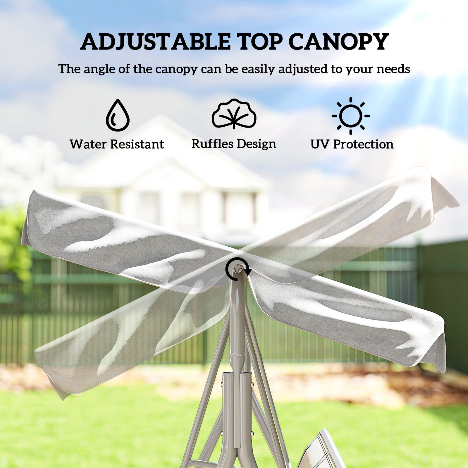 Outsunny Metal Garden Swing Chair, 3-Seater Swing Seat, Patio Hammock Bench Canopy Lounger, Light Grey - Image 4