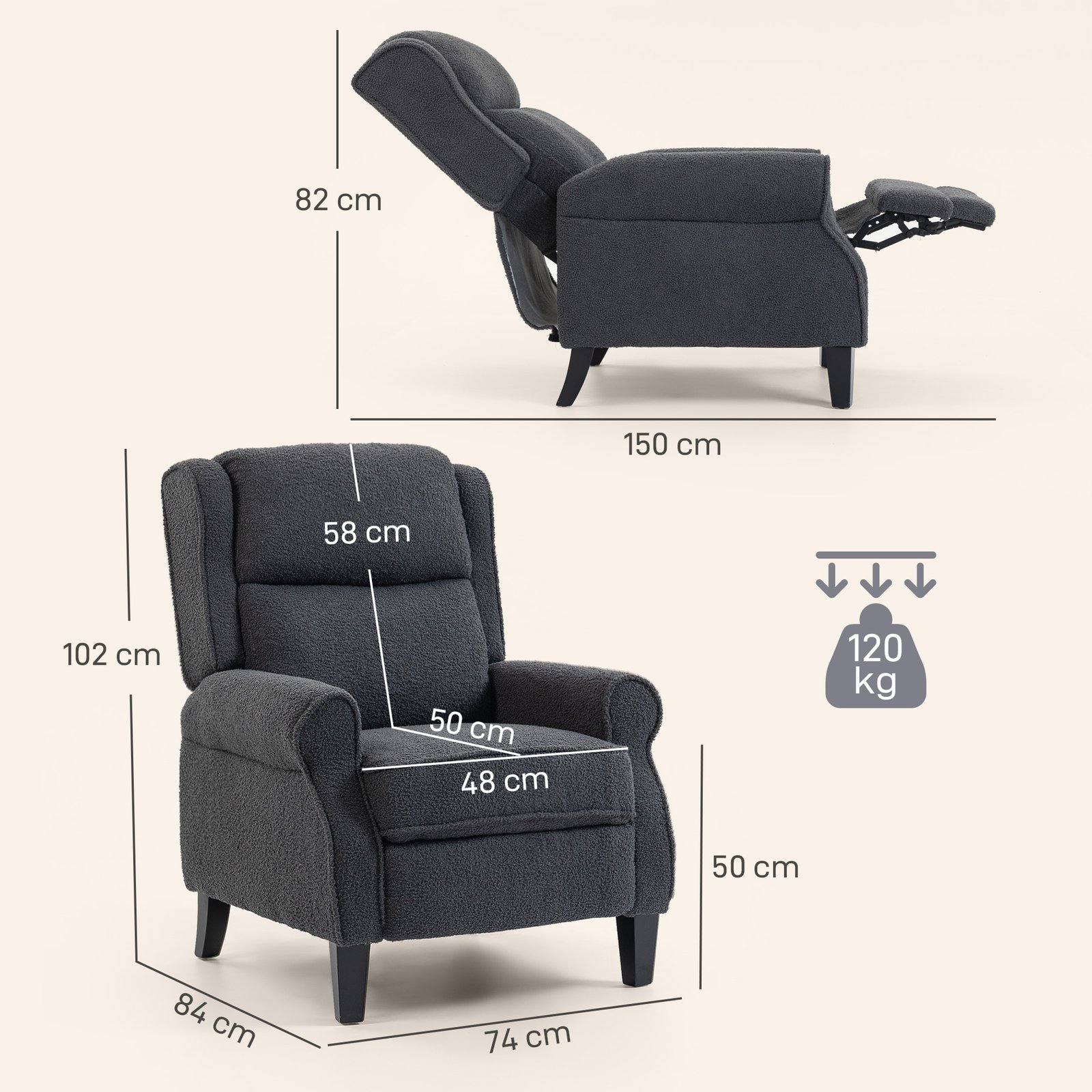 HOMCOM 132° Recliner Armchair, with Extended Footrest - Dark Grey - Image 3