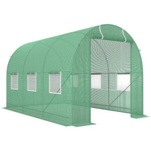 Outsunny 3.5 x 2m Walk-In Polytunnel Greenhouse, with Steel Frame, PE Cover, Roll-Up Door and 6 Windows, Green