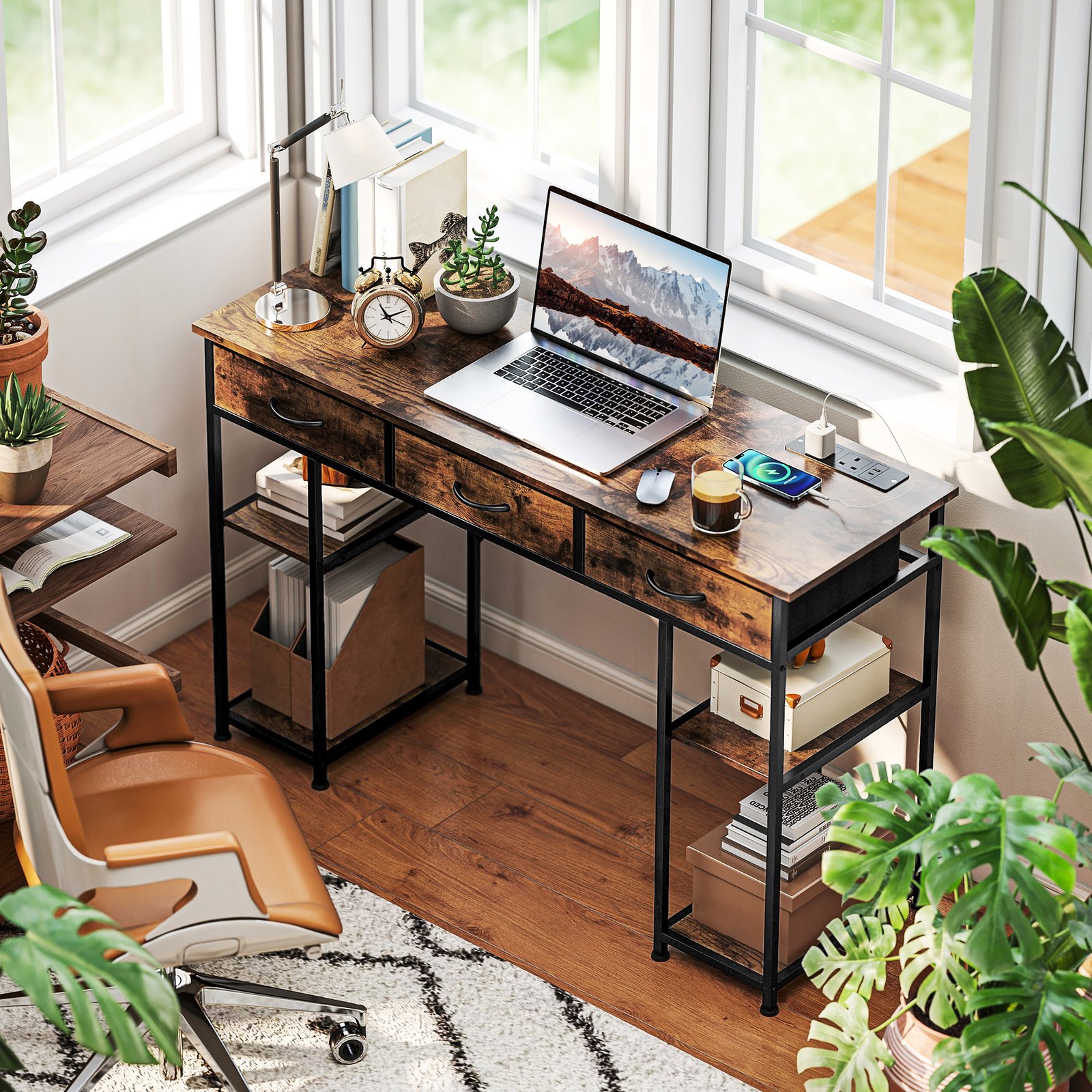 HOMCOM 120cm Computer Desk with Power Outlets, Office Desk Study Table with Fabric Drawers and Storage Shelves, Rustic Brown - Image 2