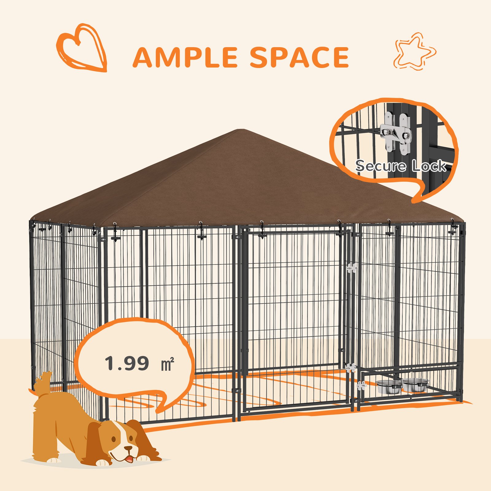PawHut Outdoor Dog Kennel Puppy Play Pen with Canopy Garden Playpen Fence Crate Enclosure Cage Rotating Bowl 211 x 141 x 151 cm - Image 8