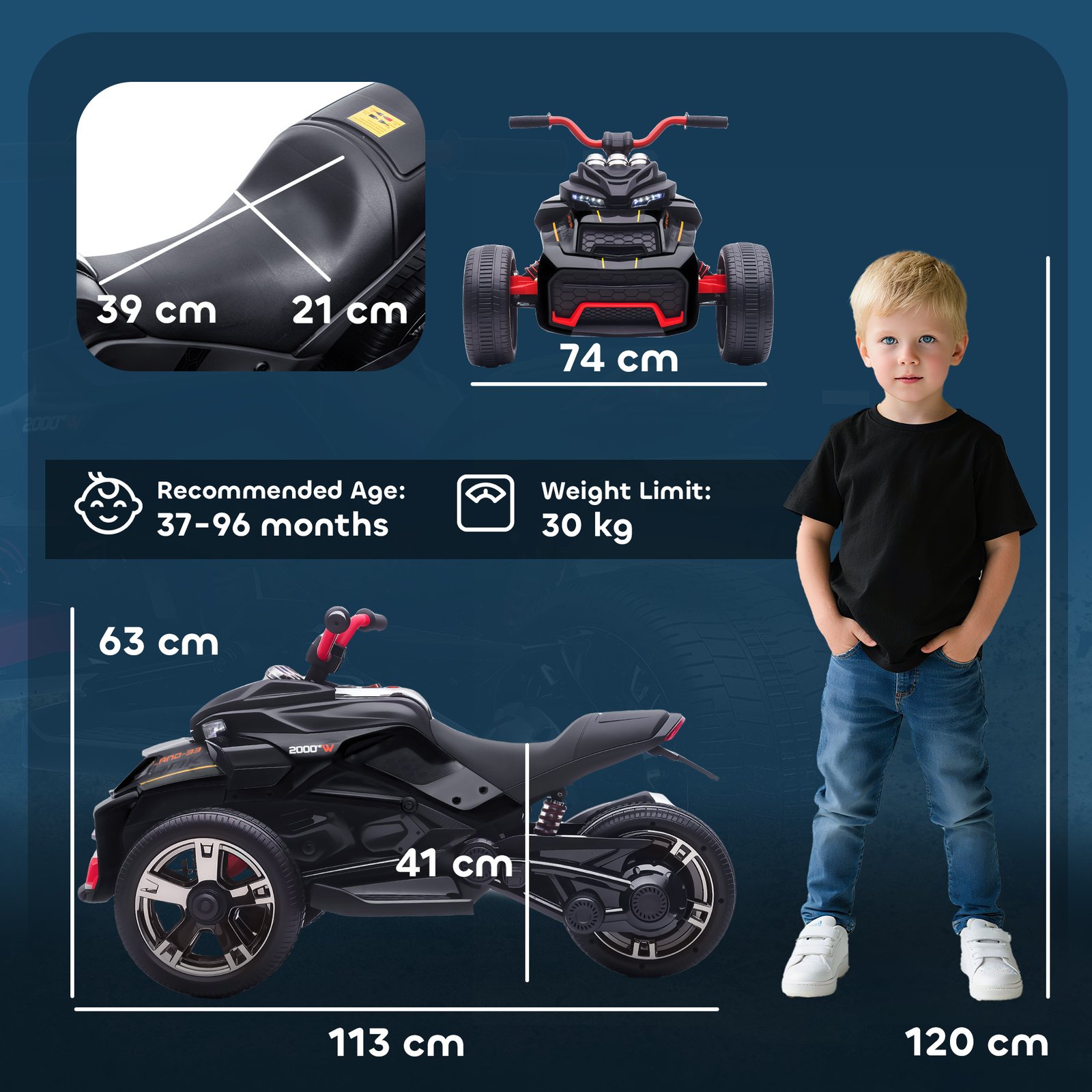 AIYAPLAY 12V Kids Electric Ride On Car with 3 Wheeler, MP3 Player, Horn, 2 Speeds, LED Lights for Boys & Girls Ages 3-8, Black - Image 3