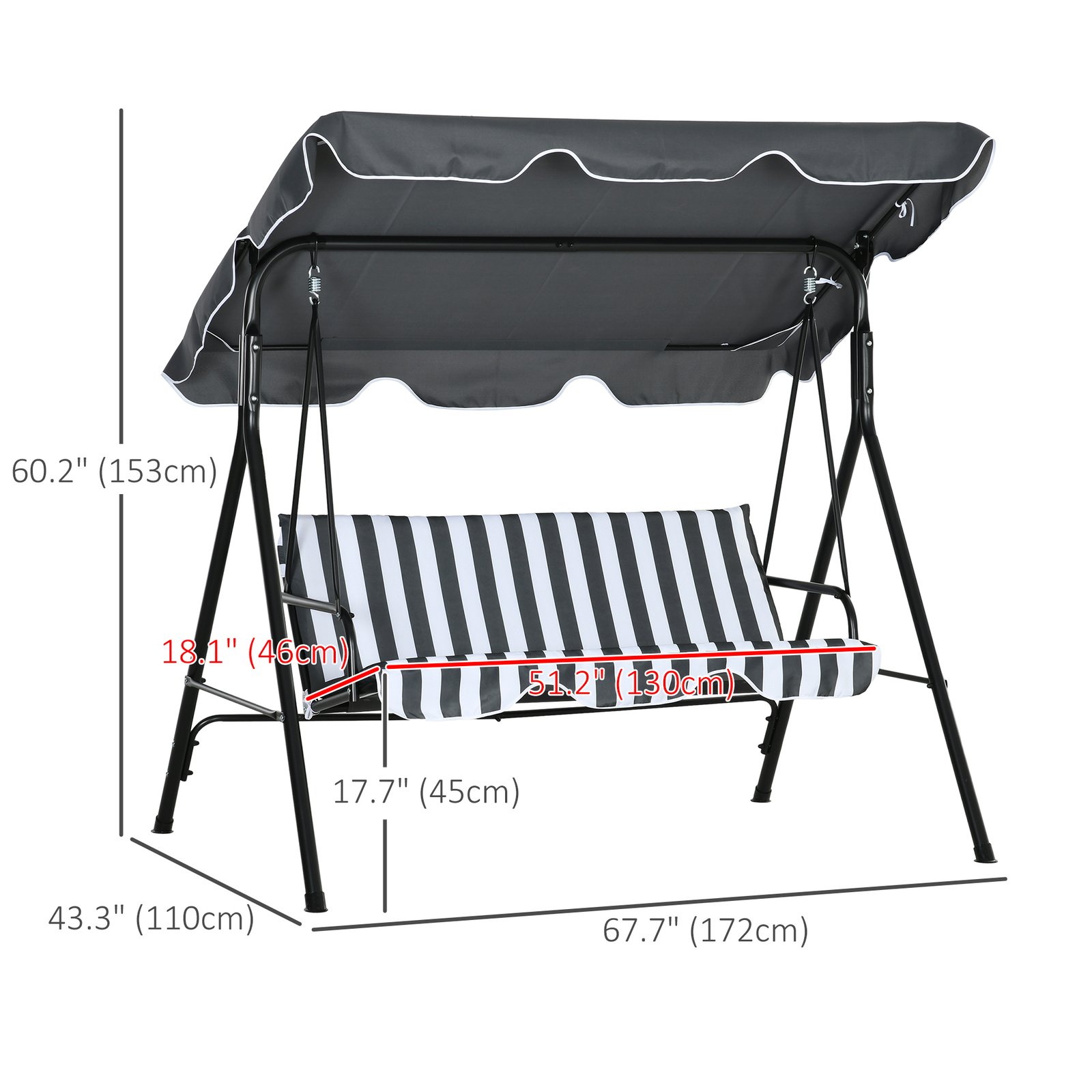 Outsunny 3 Seater Garden Swing Chair, Outdoor Swing Chair with Adjustable Canopy, Mental Frame & Cushions, Grey - Image 3