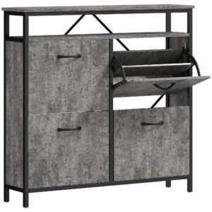 HOMCOM Shoe Storage Cabinet with 4 Flip Drawers and Open Shelf - Cement Grey