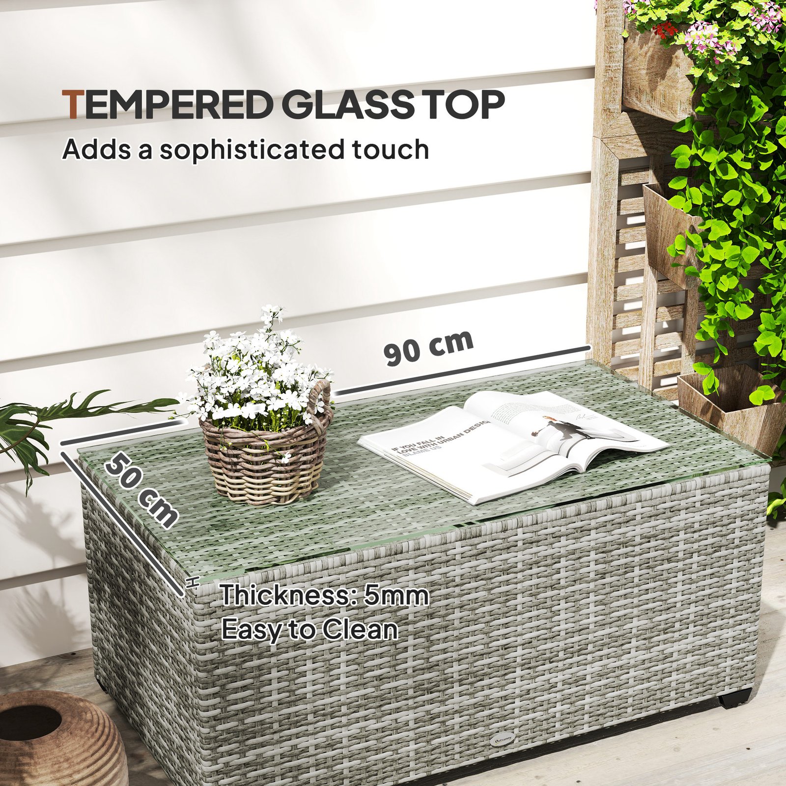 Outsunny 90 x 50cm Glass-Top Rattan Side Table - Light Grey - Image 5