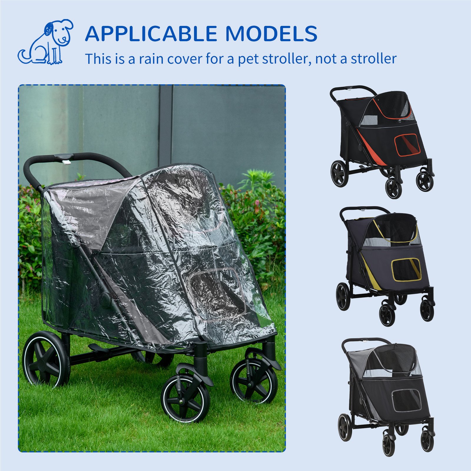 PawHut 4 Wheel Pet Stroller with Rain Cover for Medium and Large Dogs - Black - Image 7