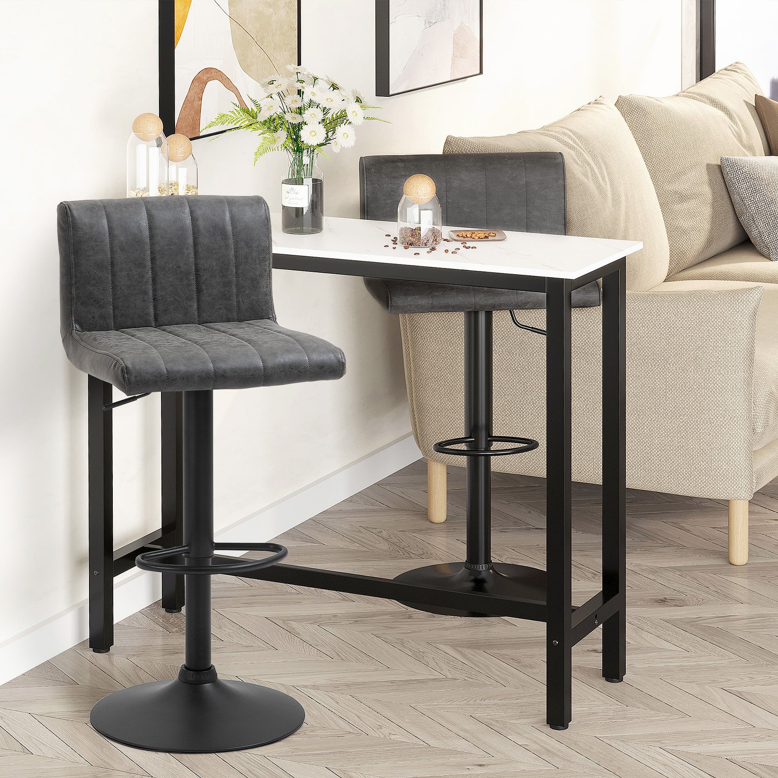 HOMCOM Adjustable Barstools Set of 2, Swivel Counter Bar Chairs, Bar Stools with Footrest, PU Leather, Gas Lift, Grey - Image 5