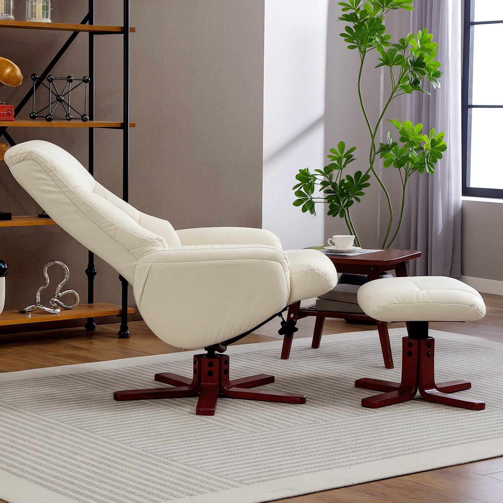 HOMCOM Rocking Recliner Chair with Footstool, PU Leather Recliner Armchair with Wood Base, Upholstered Reclining Chair for Living Room Bedroom, Cream - Image 9