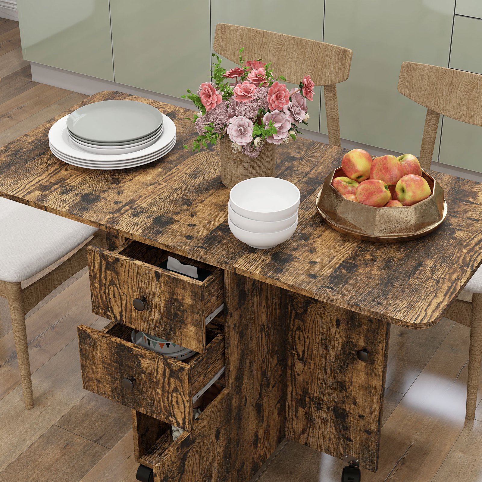 HOMCOM Multi-Storage Six-Person Drop Leaf Dining Table - Rustic Brown - Image 8