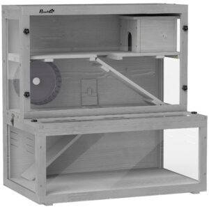 PawHut Wooden Hamster Cage with Hut, Wheel, Ramps, Removable Viewing Panels, 80 x 50 x 84 cm, Grey